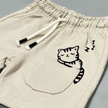 BEIGE CAT PRINT SHORTS FOR UNISEX